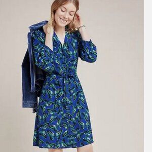 Anthropologie Maeve Pippa Butterfly Blue Green Button Shirt Dress S